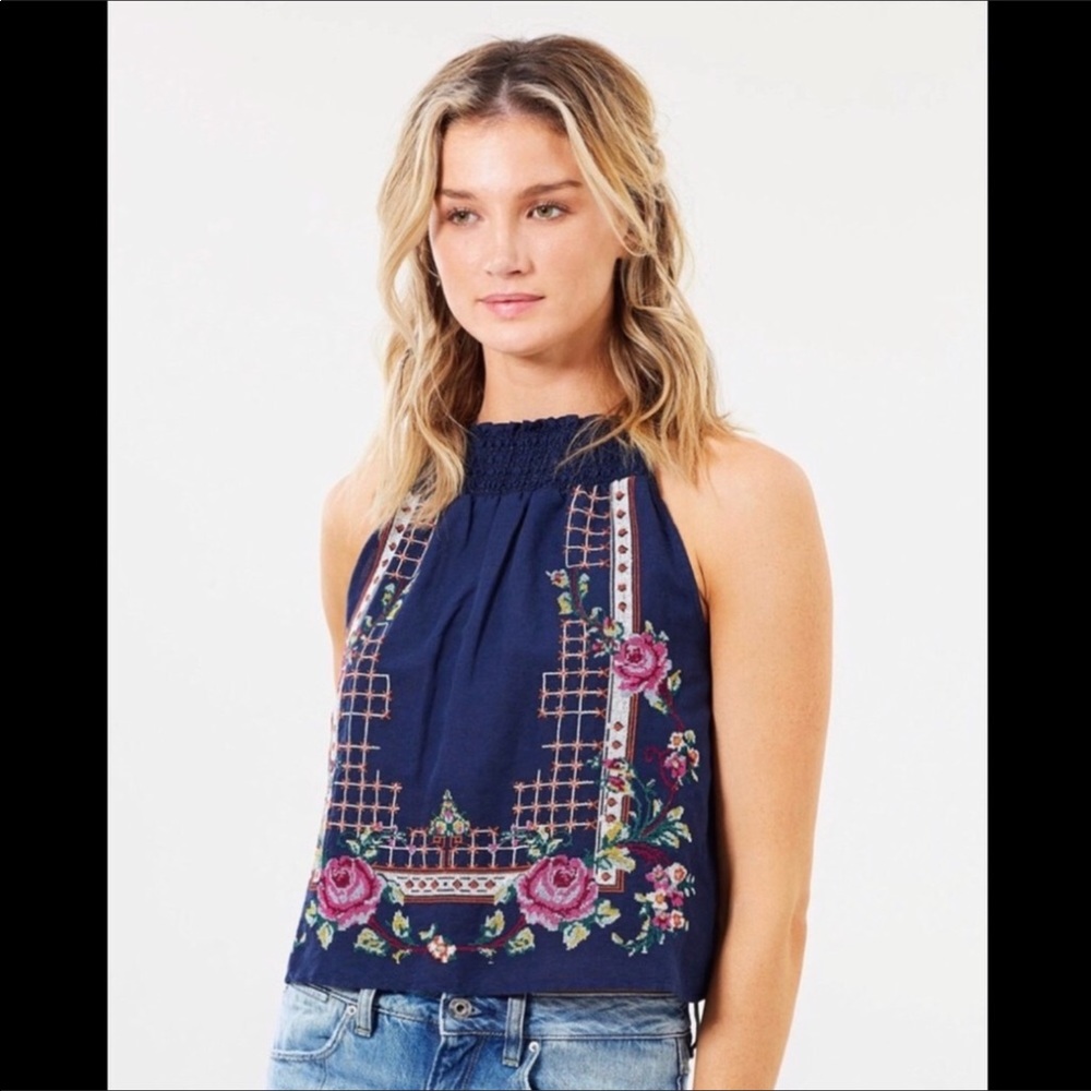 Free People NWT Honey Pie embroidered navy tank